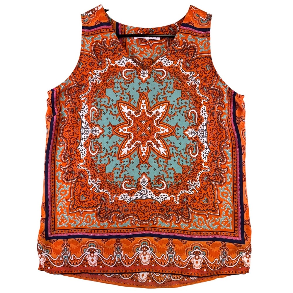 Violet + Claire Shirt Women's Medium Orange Teal Paisley Sleeveless Bohemian‎
